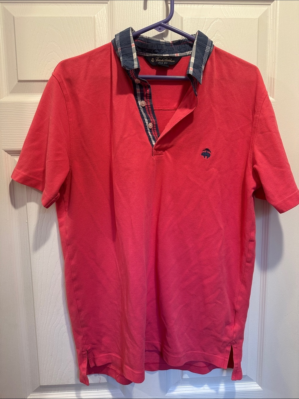 Brooks Brothers Red Short-Sleeve Polo with Plaid Collar